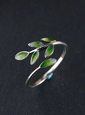 云尚服饰925纯银景泰蓝绿色树叶戒指女式气质古风怀旧复古文艺范