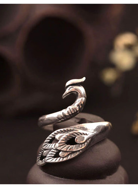 云尚服饰s925银孔雀钩针带线戒指复古凤凰羽毛开口可调指环