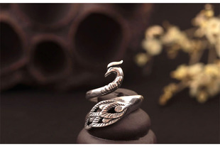 云尚服饰s925银孔雀钩针带线戒指复古凤凰羽毛开口可调指环