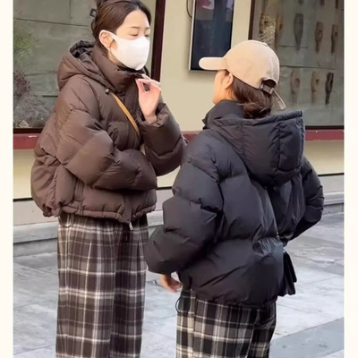 美拉德咖色短款小个子连帽羽绒棉服女冬季2024新款棉衣加厚外套