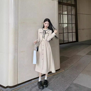 小香风连衣裙女秋冬2025新款名媛气质收腰显瘦中长款系带长袖裙子