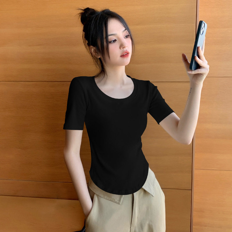 黑色莫代尔冰丝正肩短袖t恤女夏季弧形下摆修身洋气收腰短款上衣
