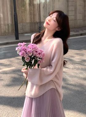 温柔风穿搭春季一整套装香芋紫色软糯针织毛衣搭配百褶超仙半身裙