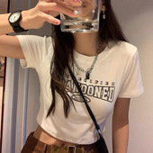 辣妹短袖 美式 露脐上衣女 新款 修身 复古字母印花正肩短款 T恤女夏季
