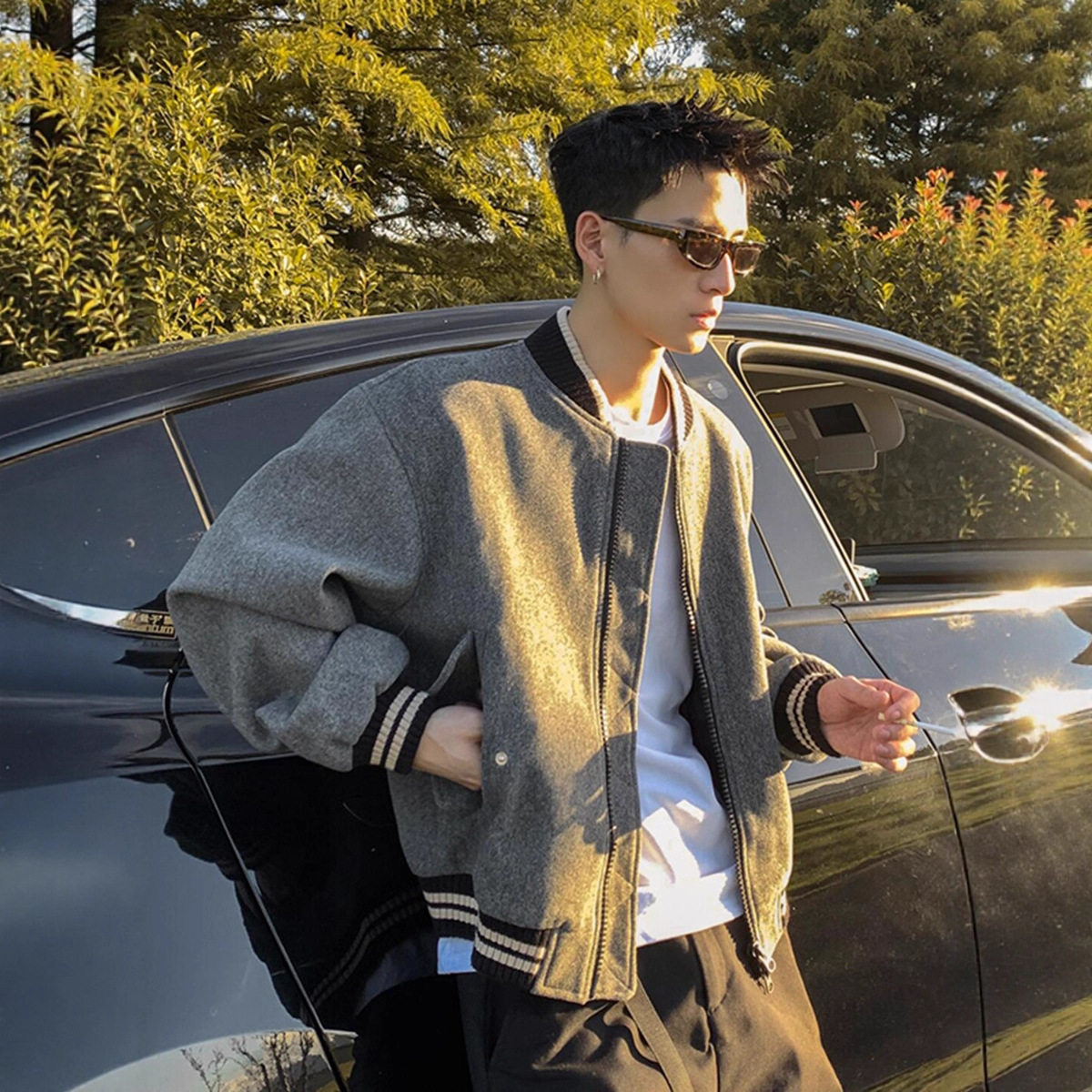 灰色短款毛呢外套男春秋美式复古夹棉棒球服感加厚飞行员夹克