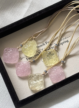 九尾狐毛衣链 天然粉水晶狐狸吊坠 粉晶黄水晶狐狸项链