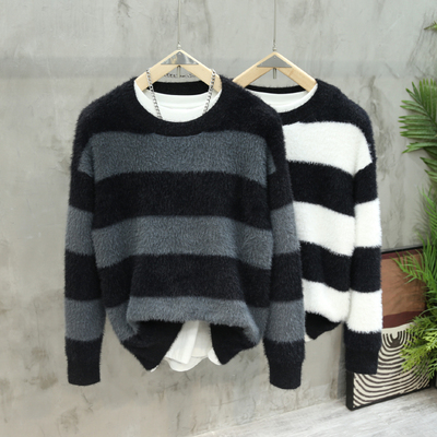 黑白条纹马海毛衣男秋冬日系软糯