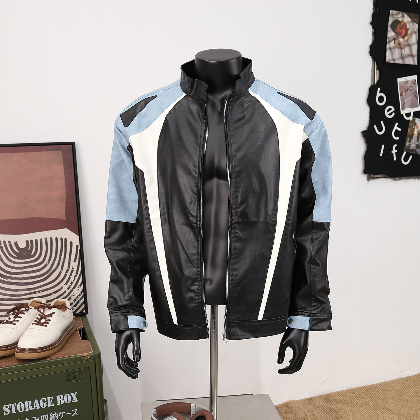 复古扎染拼接撞色立领PU皮衣夹克男士帅气机车外套秋季潮牌宽松