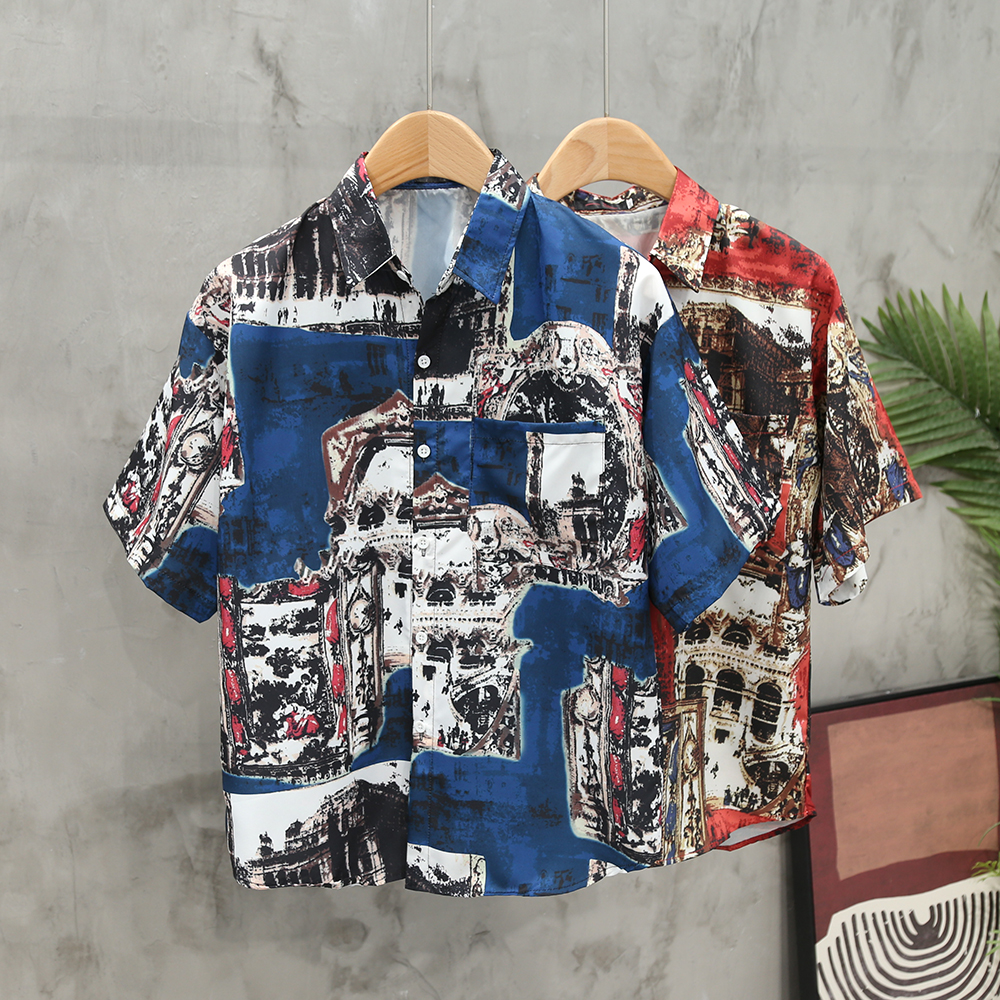 港风复古油画印花衬衫短袖男夏季