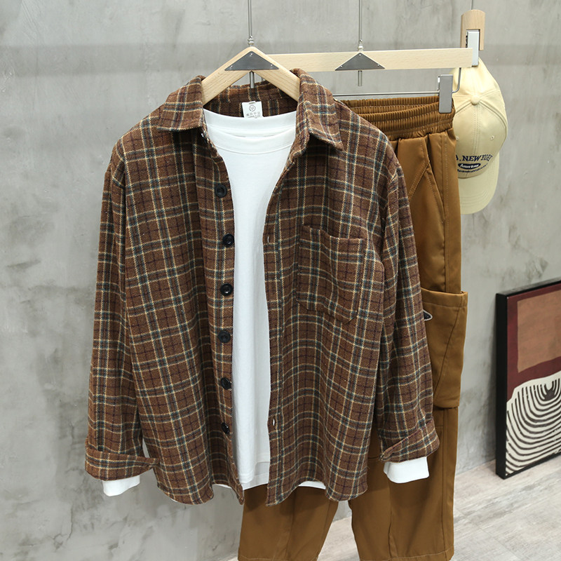 复古潮牌美拉德磨毛加厚格子衬衫男女装工装长袖毛呢衬衫外套衬衣,男装,衬衫,淘宝优惠券,粉丝福利购,淘宝优惠卷