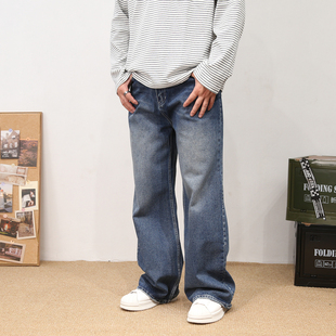 高街设计感刺绣贴布复古蓝色直筒宽松牛仔裤 子 男女情侣青年阔腿裤