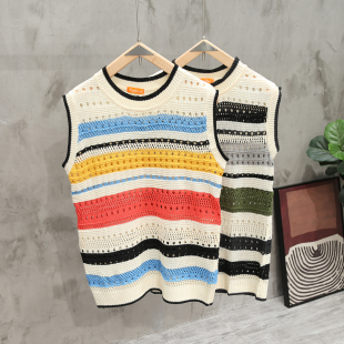 宽松休闲上衣潮 叠穿背心男女情侣装 夏季 镂空透气条纹撞色复古无袖
