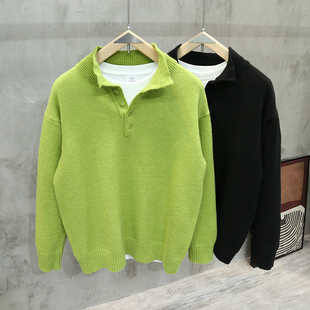潮流宽松慵懒风针织衫 秋冬款 韩版 亨利领绿色毛衣男装 外套 复古美式
