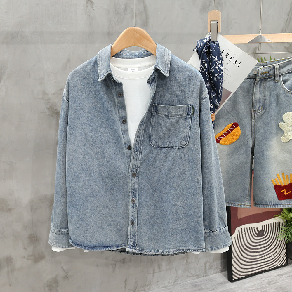 美式水洗磨白做旧口袋牛仔衬衫外套男士春秋款宽松休闲潮牌夹克潮,男装,牛仔外套,淘宝优惠券,粉丝福利购,淘宝优惠卷