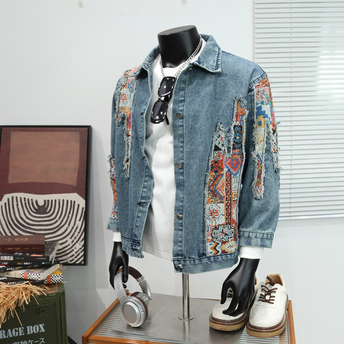 高街潮牌破洞补丁民族风男女青年痞帅牛仔夹克美式嘻哈机车外套秋