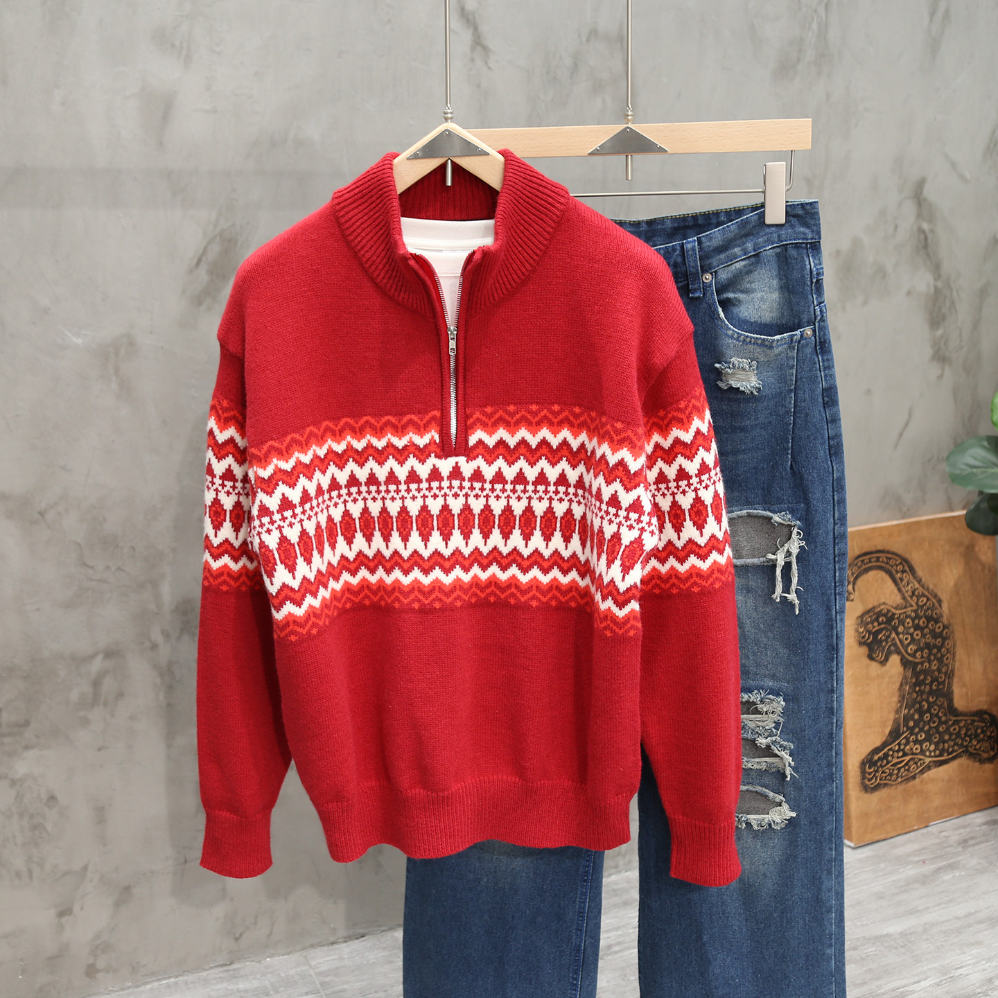 复古费尔岛提花红色半拉链套头毛衣男休闲宽松氛围感半高领针织衫,男装,针织衫/毛衣,淘宝优惠券,粉丝福利购,淘宝优惠卷