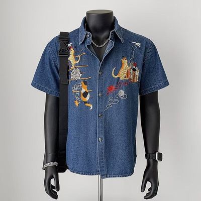 夏季潮牌刺绣卡通复古男女情侣装牛仔衬衫网红痞帅百搭衬衣外套