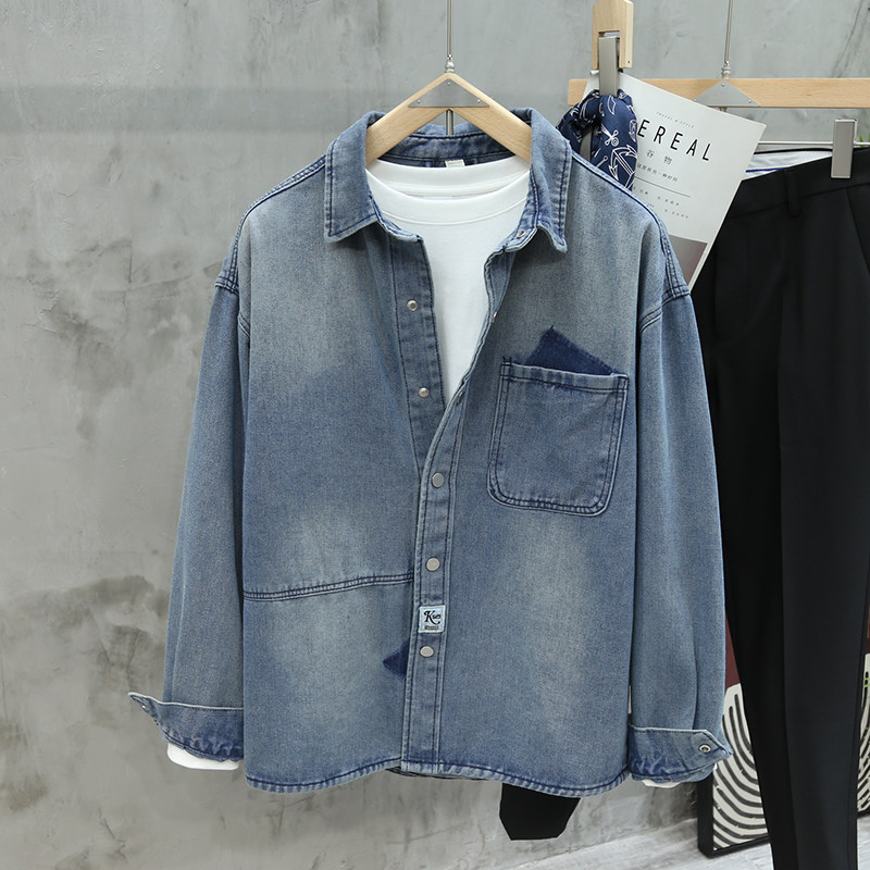 美式工装牛仔拼色长袖衬衫男士潮流复古休闲百搭夹克外套宽松衬衣