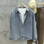 痞帅潮牌工装 水洗复古美式 夹克外套 秋季 新款 重磅翻领牛仔衬衫 男士