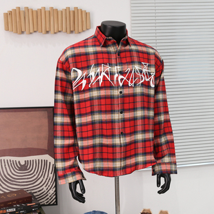 美式字母印花格子长袖衬衫男磨毛复古潮牌休闲宽松学院风衬衣外套