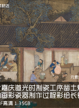 清嘉庆道光时制瓷工序凿土炼土施釉画彩瓷器制作过程彩绘长卷图