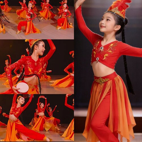 儿童新疆维族舞蹈演出服古丽小娜扎表演服儿童演出服巴多安渐变色