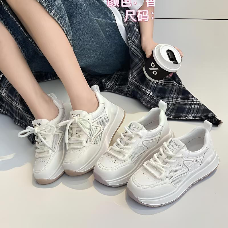 专柜正品新款真皮厚底小白鞋女圆头防滑舒适透气休闲网鞋2288230