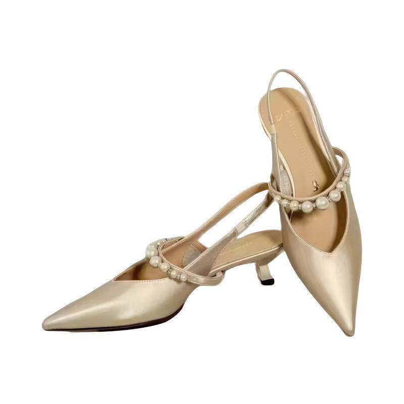 4厘米百搭法式女包头凉鞋夏季新款尖头单鞋米色时装凉鞋26M2006