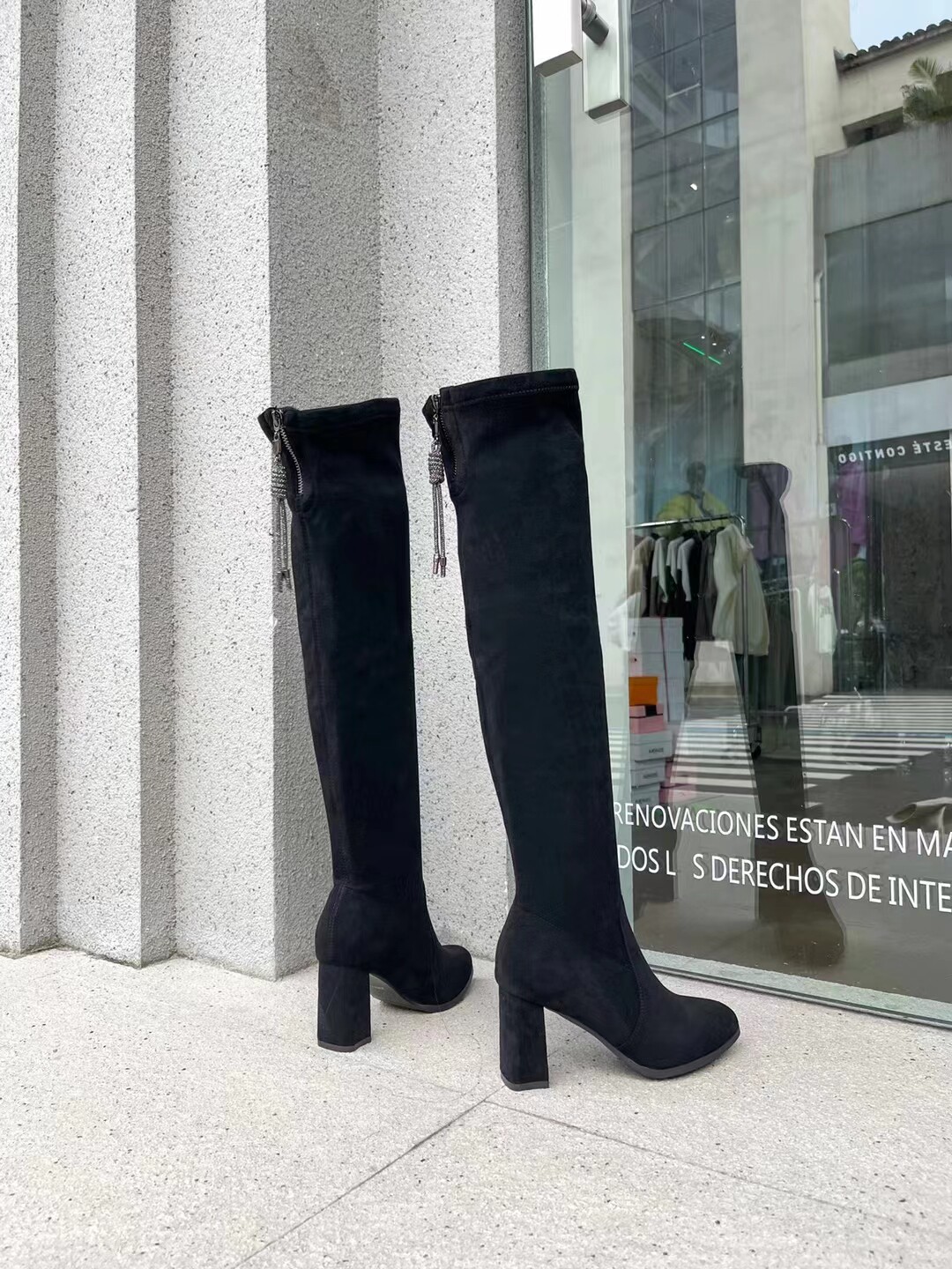 专柜正品冬季新款265820高跟绒面显瘦黑色弹力靴百搭气质粗跟靴