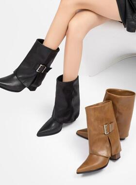 2024秋冬新款时尚英伦风皮带扣裤管靴尖头高跟气质淑女靴26F1025