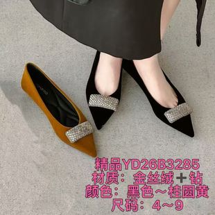 一代佳人金丝绒平底水钻高跟鞋绒面低跟单鞋年早春季新款26B3285