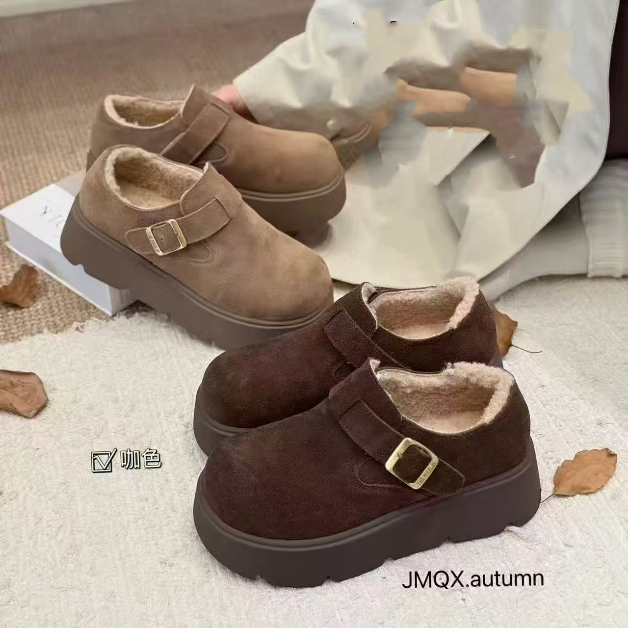 左她冬新款时尚磨砂皮厚底增高保暖加绒勃肯鞋皮带扣雪地靴762383