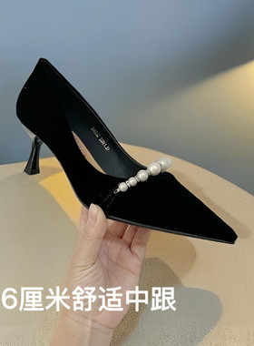 专柜春秋新款低跟中跟绒面不累脚时尚百搭气质名媛风浅口单鞋