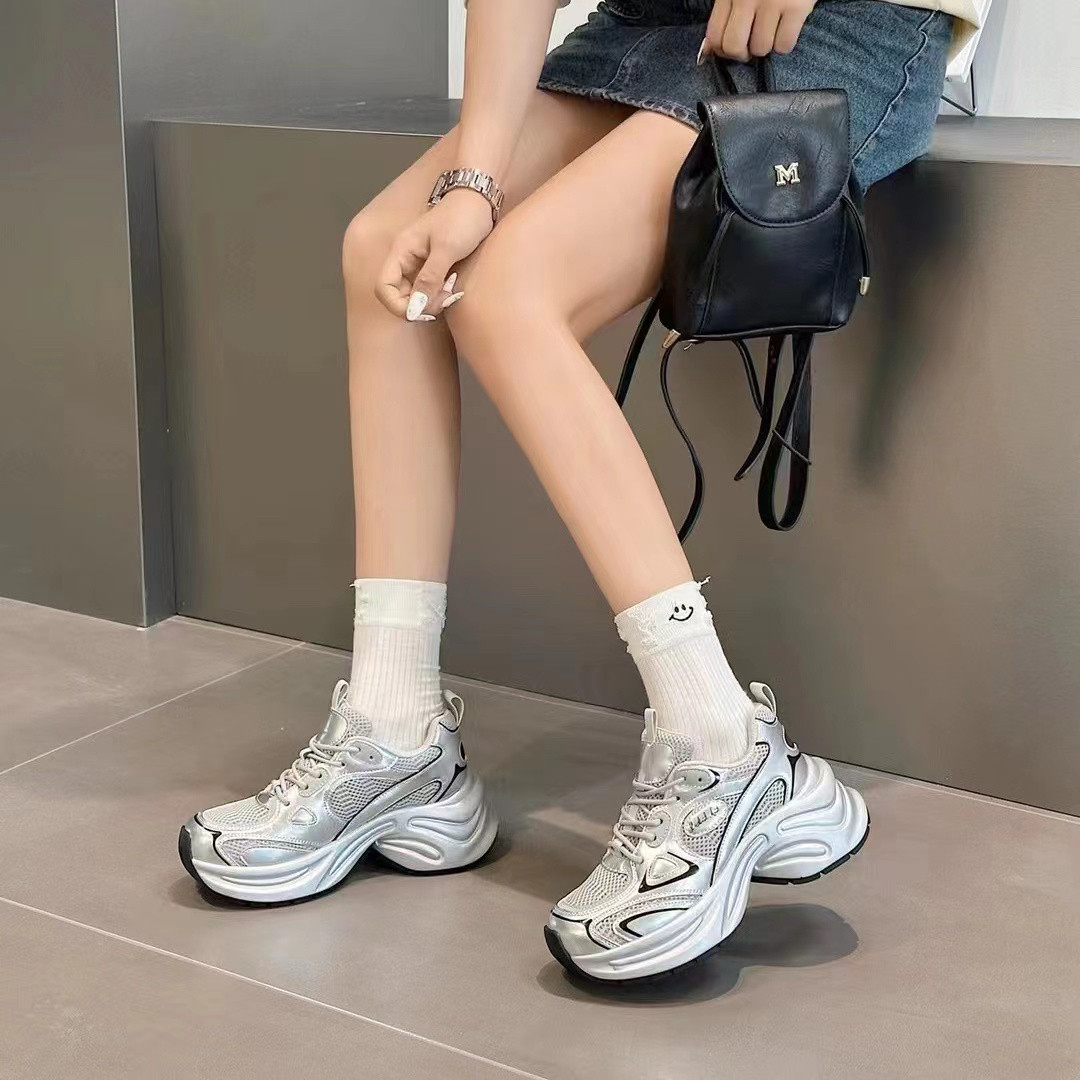 专柜正品小众设计感老爹鞋女真皮厚底增高银色动感网鞋6厘米9227