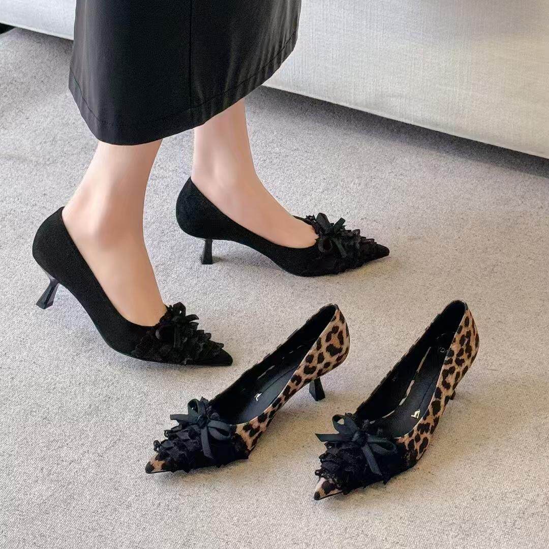 豹纹蝴蝶结尖头细跟浅口高跟鞋不累脚单鞋女2026早春新款26A1626