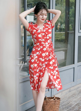 清仓不退换法式连衣裙夏季女红色印花茶歇裙复古优雅高级感长裙