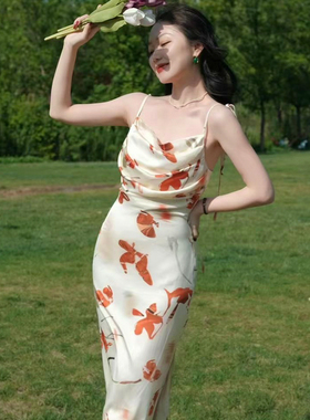 夏季缎面修身印花吊带连衣裙女复古收腰性感法式包臀开衩中长裙