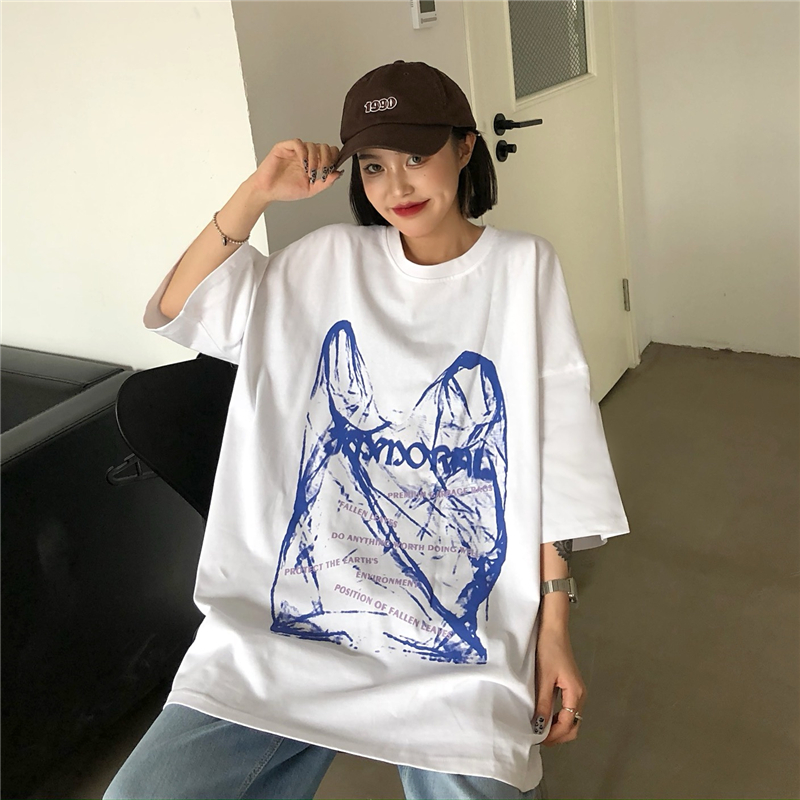 實拍 短袖T恤女新款韓版原宿寬鬆復古印花上衣