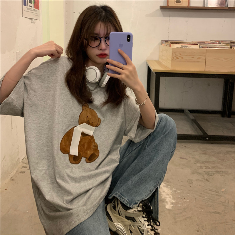 Real shot round neck bear embroidery short sleeve T-shirt women's loose and versatile top cotton