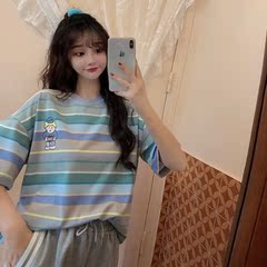實拍圓領印花條紋短袖恤女上衣