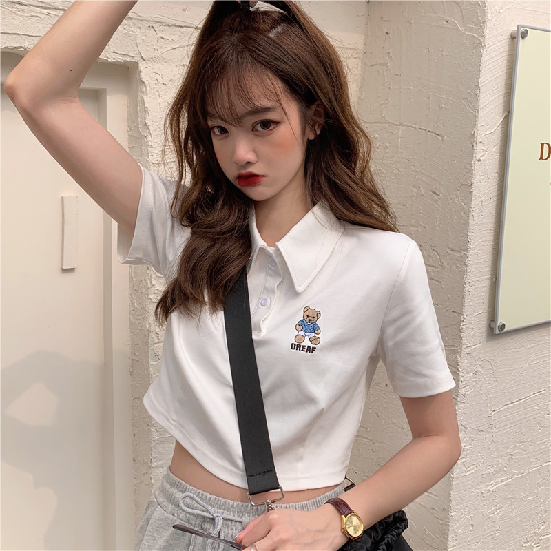 Real shot Bear Lapel white short sleeve T-shirt women's short high waist collar top exposed navel