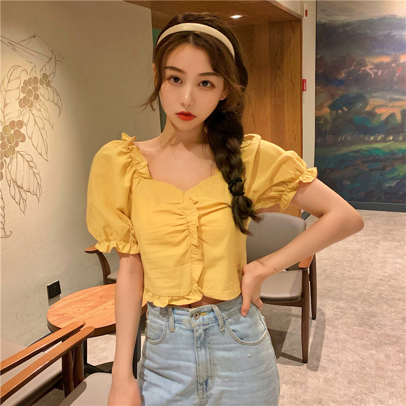 實拍法式泡泡袖辣妹短款上衣女復古木耳邊襯衣夏心機襯衫
