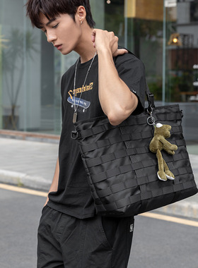 囯潮休闲纯黑色机能风单肩斜挎包尼龙布大容量手提托特包男女潮流