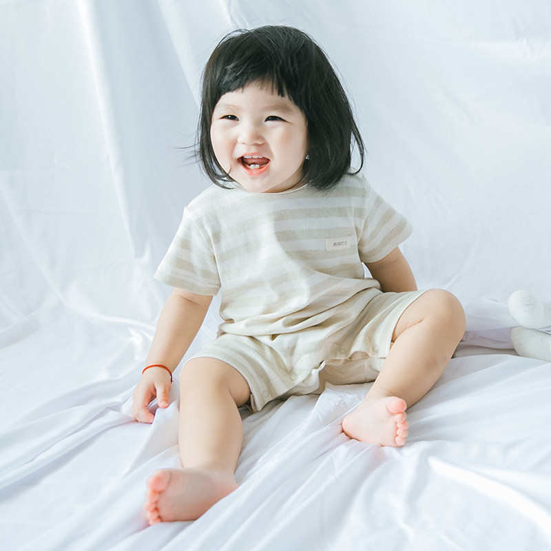 婴儿连体衣夏季短袖薄款男女宝宝纯棉爬服新生儿彩棉哈衣半袖短爬