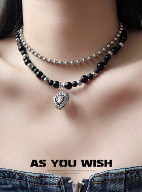 黑色不规则钢珠双层叠戴爱心项链