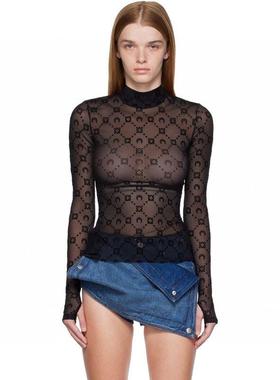 Marine* serre月亮黑色植绒网纱打底衫透视性感修身长袖娜扎同款