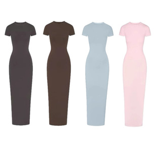 SKIMS卡戴珊同款收腰性感开叉优雅纯色螺纹包臀连衣裙短袖长裙夏