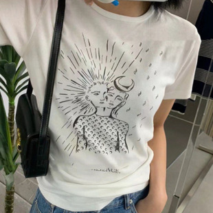 Marinese*re月牙女神星象印花收腰T恤女塔罗牌棉质短袖上衣23夏季