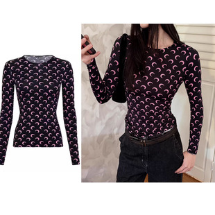 正确版marine月亮打底衫印花圆领内搭月牙弹力防晒长袖t恤新色女