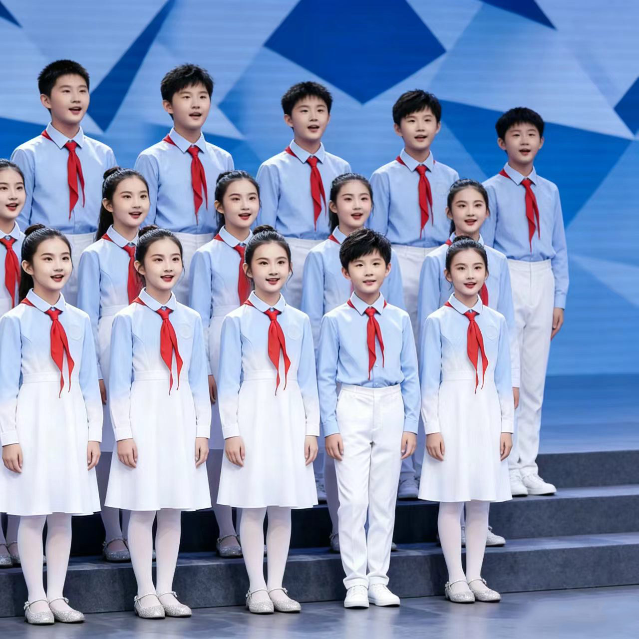 中小学生大合唱演出服儿童爱国蓝色男女童演讲朗诵比赛团表演服装图片